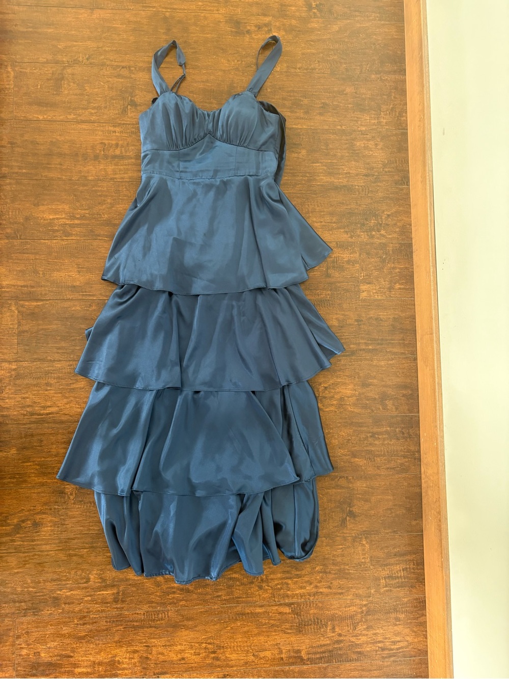 Crystal Doll Navy Tiered Satin Dress with Adjustable Straps